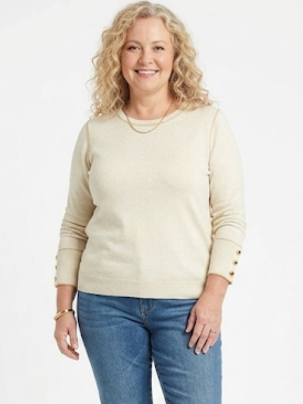 JM Collection Cream Knit Crew Sweater with gold accents, XXL